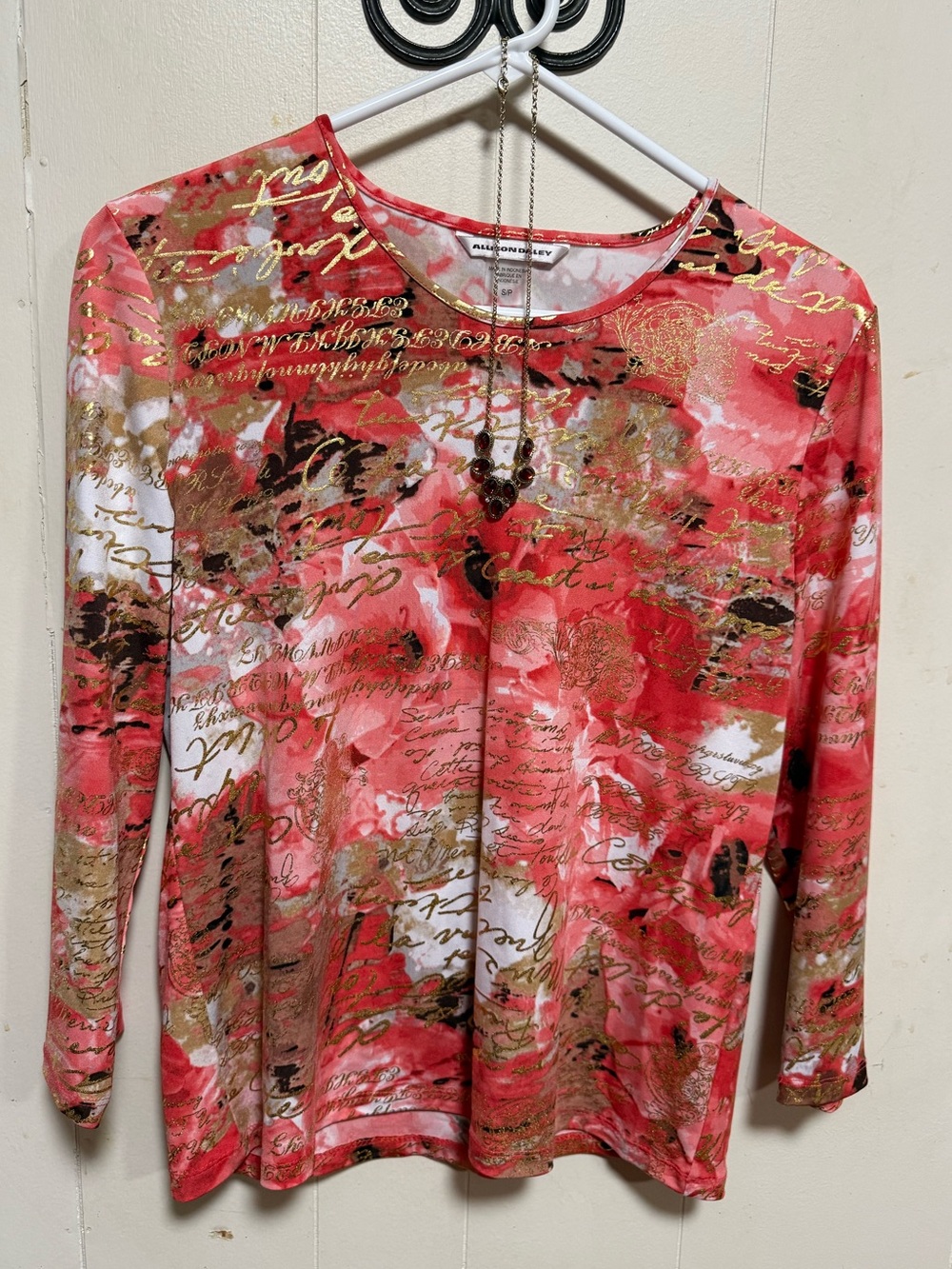 Allison Daley Coral Pink Multi-Print Long Sleeve Top with Gold Script